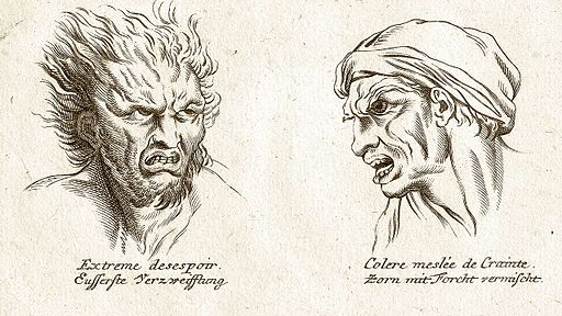 Illustration aus dem 19. Jahrhundert. Links: „Eusserste Verzweifflung“, rechts: „Zorn mit Forcht vermischt“